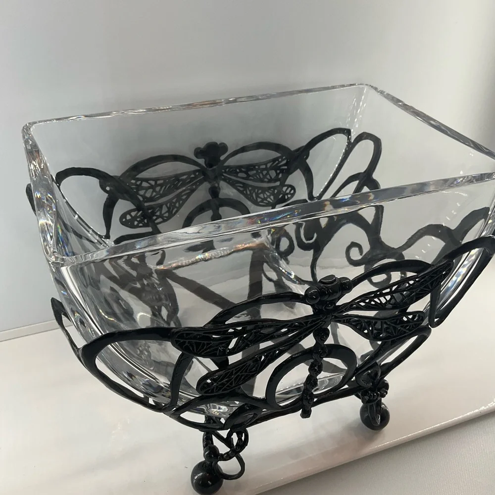 CASTILIAN Poland Crystal Bowl & Dragonfly Hefty Centerpiece 2 Pieces RARE!